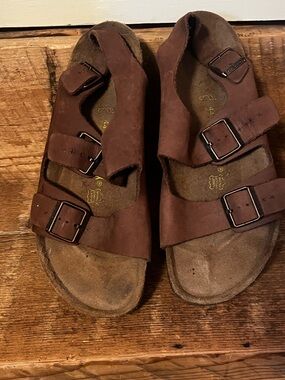 Birkenstock Men's Brown Triple-Buckle Leather Sandals